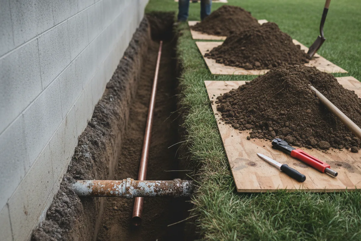 Excavated water line trench during Water Softener Installation in East Otis